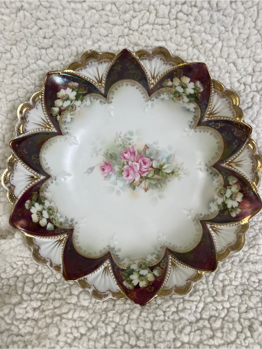 RS Prussia Antique Porcelain Bowl Original Floral Molded Gold Gilt Ruffled
